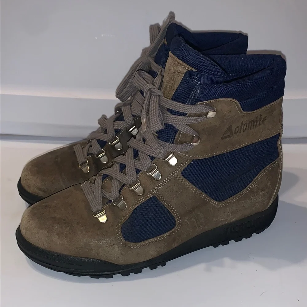 Vintage Dolomite Hiking Boots Brown Leather Blue Canvas Men’s Size 41 US 8